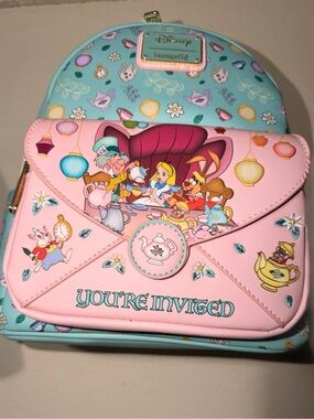 Loungefly pastel pink and teal Alice in Wonderland Tea Party Mini Backpack